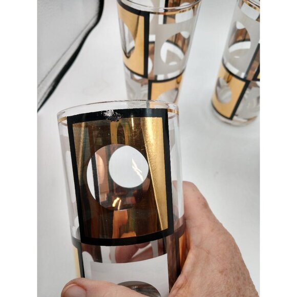 Set Of 4 Vintage Mid-Century Modern (MCM) Geometric Highball Glasses With Gold & - Picture 2 of 6
